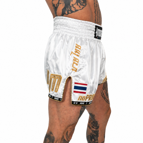 No Problem Muay Thai Shorts – White/Gold