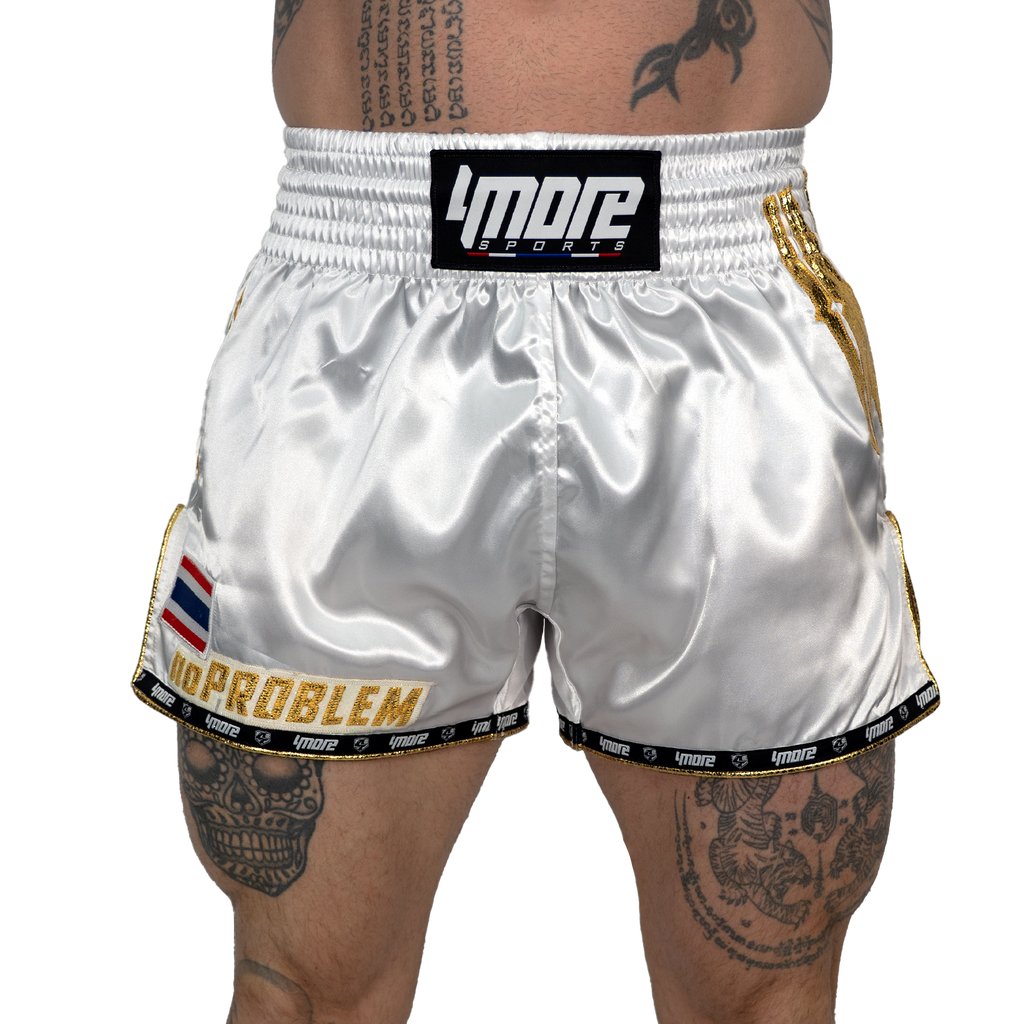 No Problem Muay Thai Shorts – White/Gold