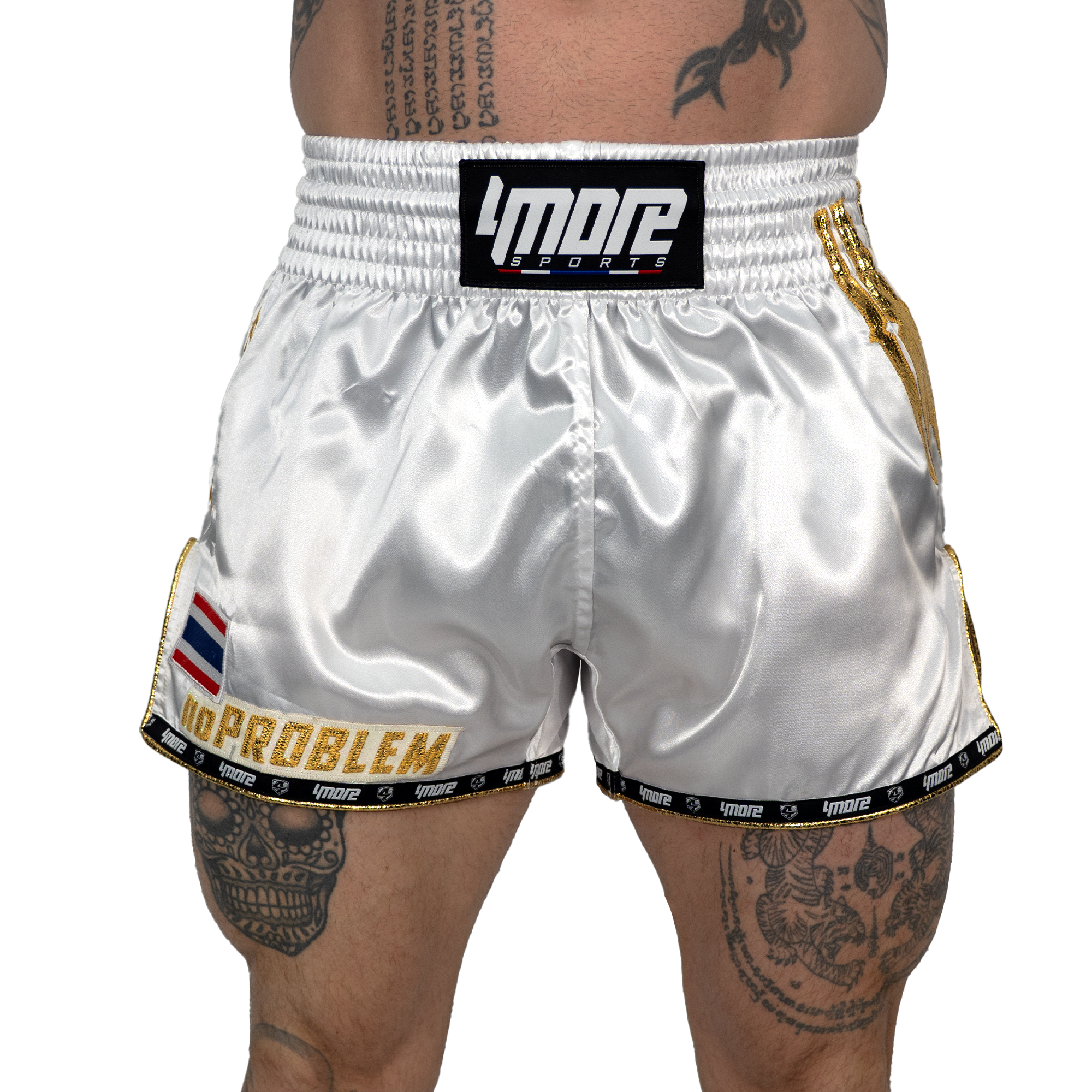 No Problem Muay Thai Shorts – White/Gold
