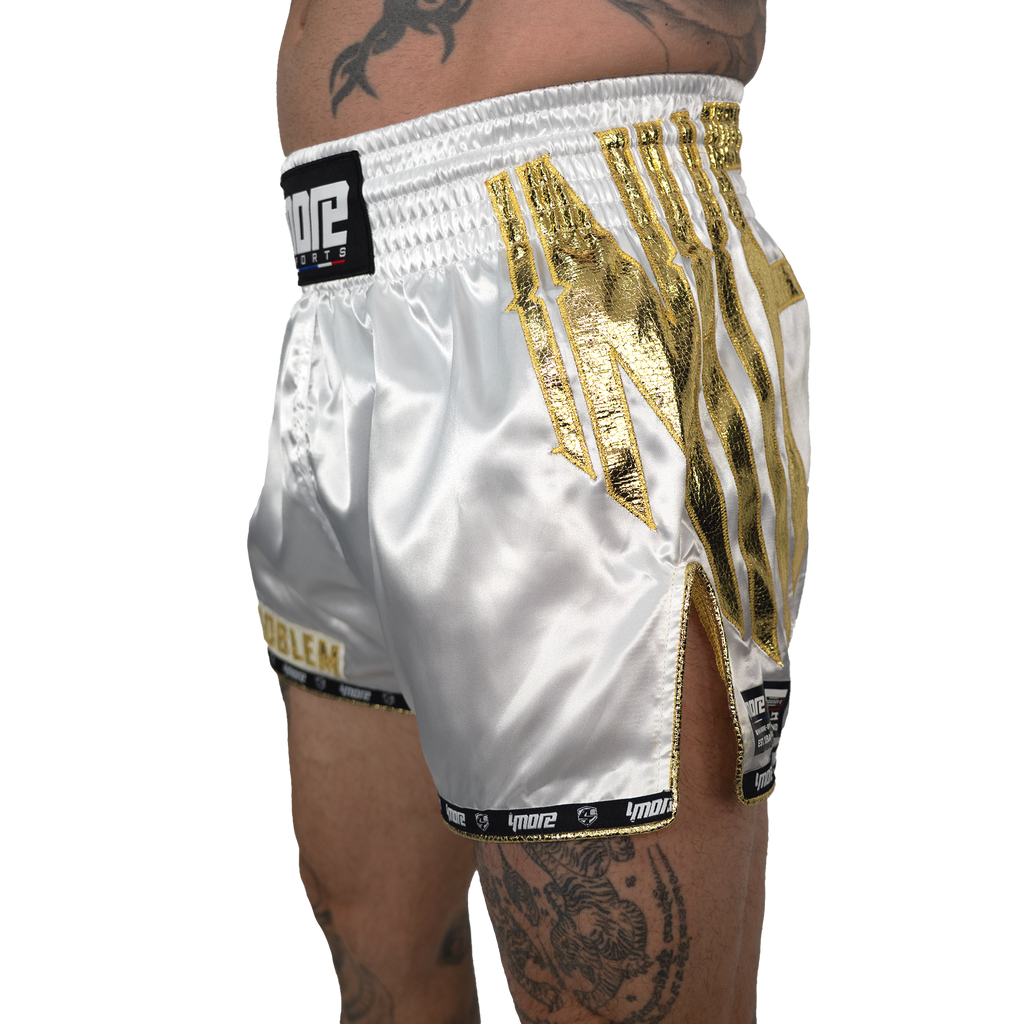 No Problem Muay Thai Shorts – White/Gold